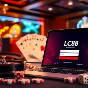 Experience the thrill of logging into LC88 with vibrant casino elements like chips and a roulette wheel.