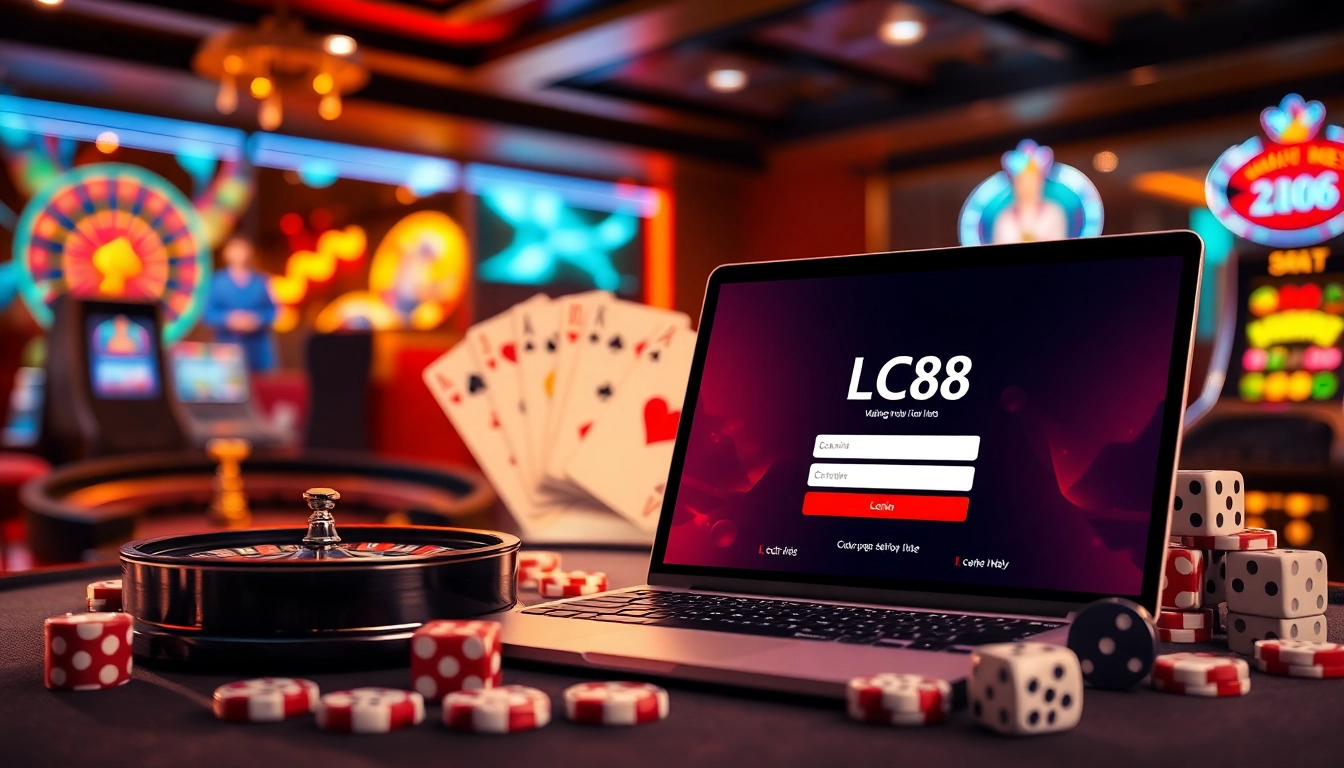 Experience the thrill of logging into LC88 with vibrant casino elements like chips and a roulette wheel.