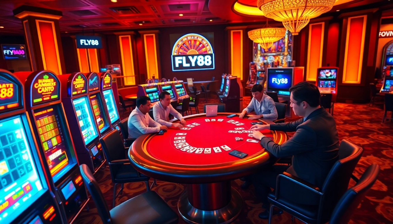 FLY88 casino players strategizing at a high-stakes poker table with vibrant atmosphere.