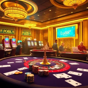 Experience the thrill of 'Link vào Lu88' at a luxurious casino with vibrant gaming tables and excited players.