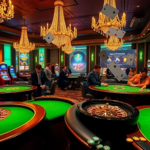 Experience high-stakes gaming excitement at Xin88 fb's luxurious casino environment featuring vibrant tables and roulette wheels.