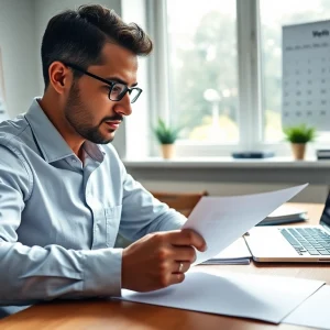Reviewing the eta uk application form with meticulous attention in an organized workspace.
