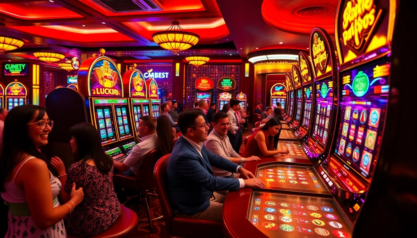 Players experiencing the thrill of the LUCK88 slot machine in a luxurious casino.