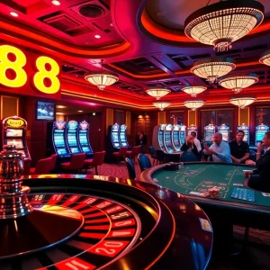 X88 neon signage illuminates an exciting casino scene with players at a blackjack table and a roulette wheel.