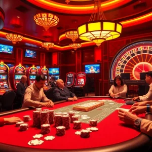 A vibrant casino scene featuring game bài đổi thưởng with poker players, chips, and a spinning roulette wheel.
