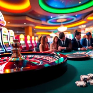 Excited players enjoying poker and roulette at https://kk55.gratis/ casino, capturing the thrill of high-stakes gambling.