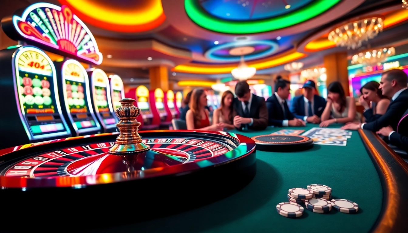 Excited players enjoying poker and roulette at https://kk55.gratis/ casino, capturing the thrill of high-stakes gambling.