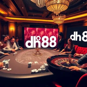 Players strategizing in a high-stakes poker game featuring the dh88 logo amidst luxurious casino decor.