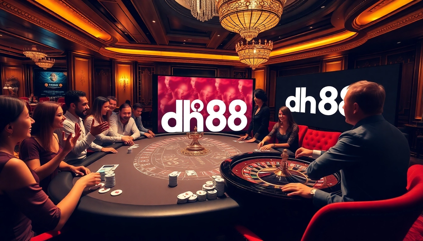 Players strategizing in a high-stakes poker game featuring the dh88 logo amidst luxurious casino decor.