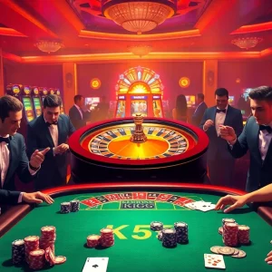 Exciting casino scene with luxury roulette and players, highlighting KK55 gaming experience.