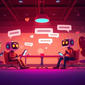 Engaging scene of spicy AI interactions with playful characters and vibrant colors.