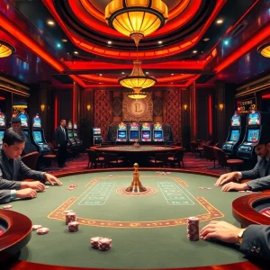 Experience the excitement of Trang chủ LC88 with a vibrant casino scene featuring engaging poker games and slot machines.