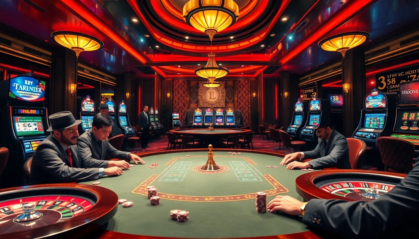 Experience the excitement of Trang chủ LC88 with a vibrant casino scene featuring engaging poker games and slot machines.