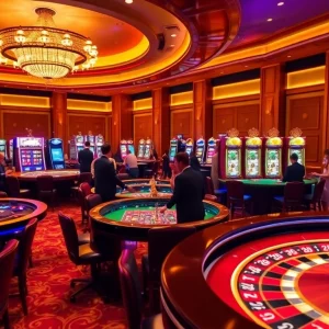 Players enjoying high-stakes games at rr88.com casino, featuring vibrant slot machines and roulette.