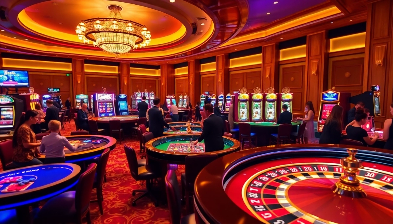 Players enjoying high-stakes games at rr88.com casino, featuring vibrant slot machines and roulette.