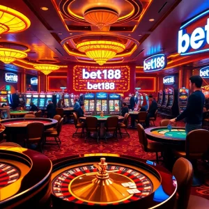 Players enjoying high-stakes games at a luxury casino featuring bet168 branding, cards, and roulette wheels.
