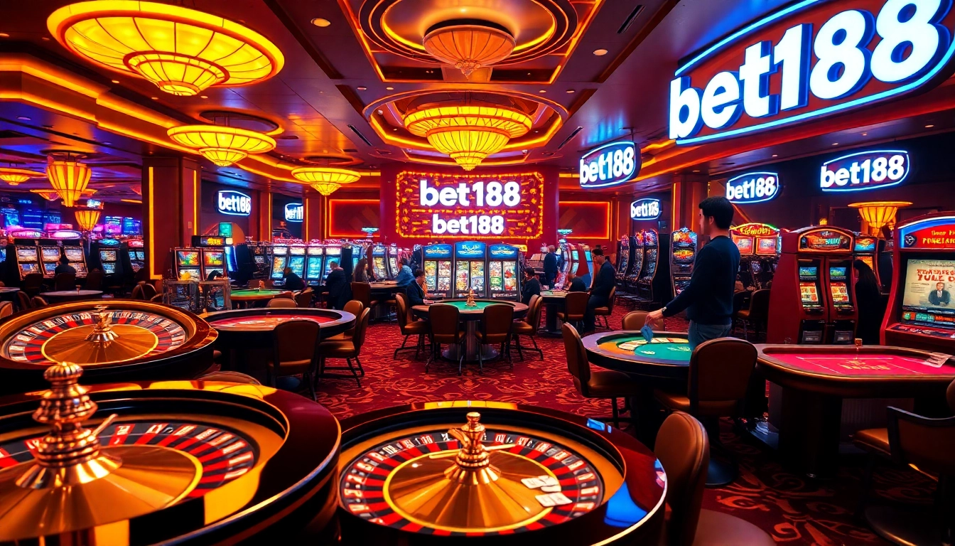 Players enjoying high-stakes games at a luxury casino featuring bet168 branding, cards, and roulette wheels.