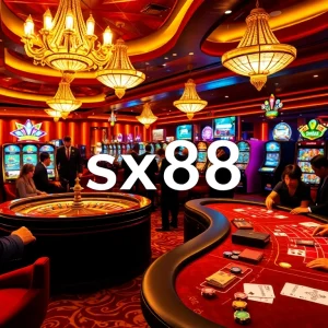 SX88 casino scene with players excitedly betting at roulette and poker tables.
