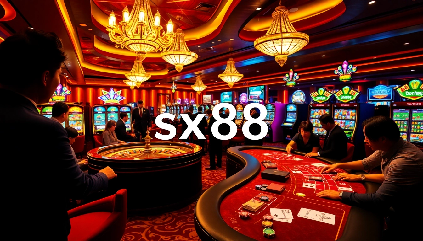 SX88 casino scene with players excitedly betting at roulette and poker tables.