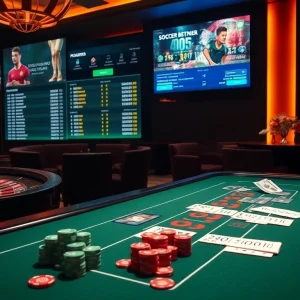 Kèo bóng đá betting scene showcasing elegant casino tables and dynamic soccer odds for online gamblers.