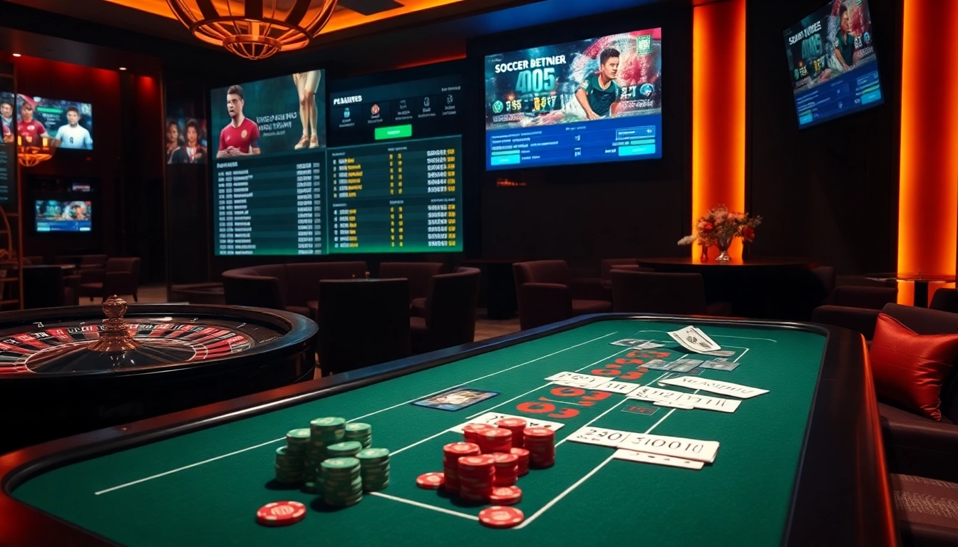 Kèo bóng đá betting scene showcasing elegant casino tables and dynamic soccer odds for online gamblers.