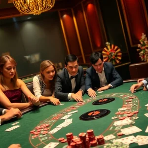 Experience the excitement of the 888NOW bet at a luxurious poker table in a high-stakes casino setting.