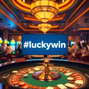 #luckywin vibrant casino scene with players at a roulette table and slot machines.