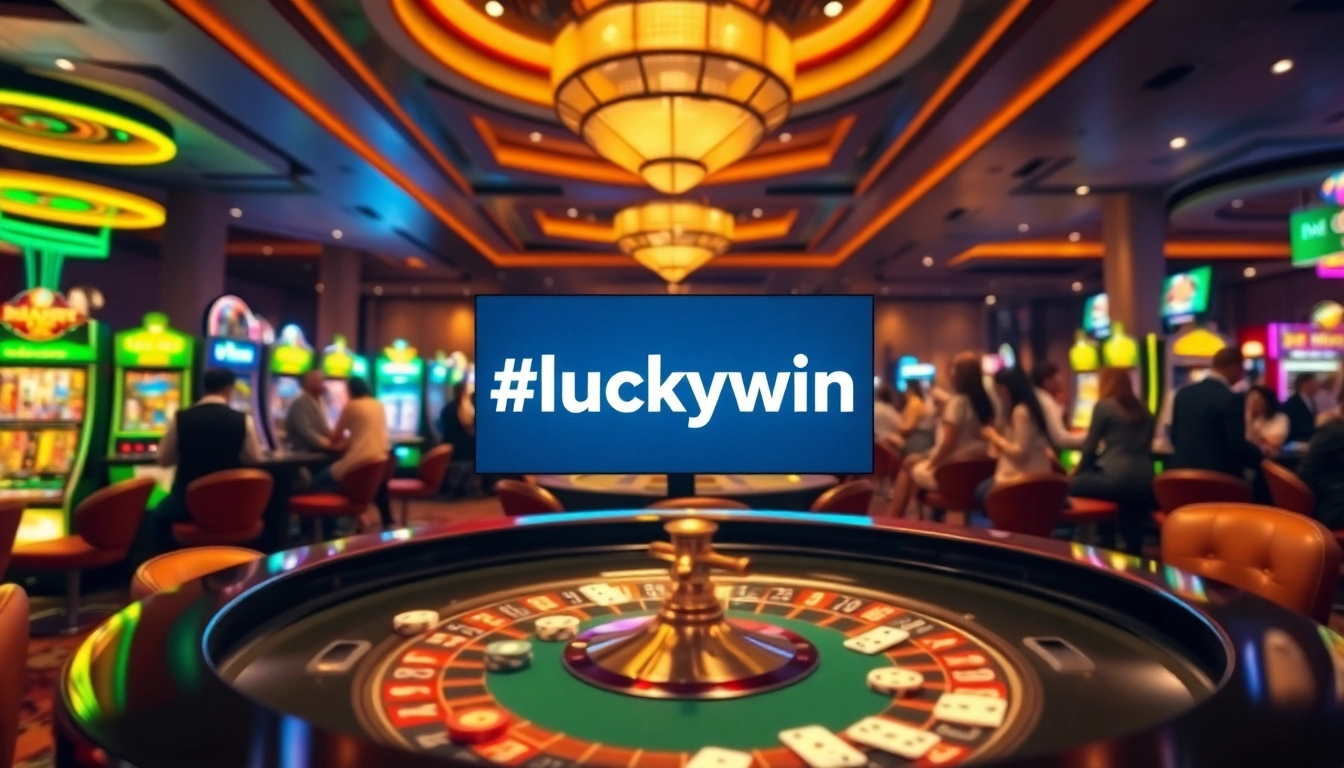 #luckywin vibrant casino scene with players at a roulette table and slot machines.