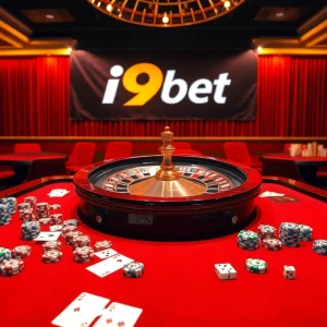Experience thrilling gameplay at i9bet with sumptuous casino tables, cards, and roulette wheels.