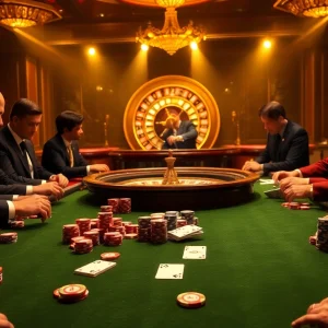 Engage with RR99 strategies at a luxurious poker table surrounded by high-stakes excitement and luxury.