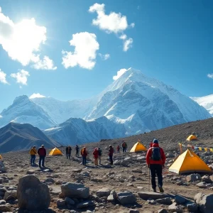Trekkers at Everest base camp with stunning mountain backdrop and colorful prayer flags.