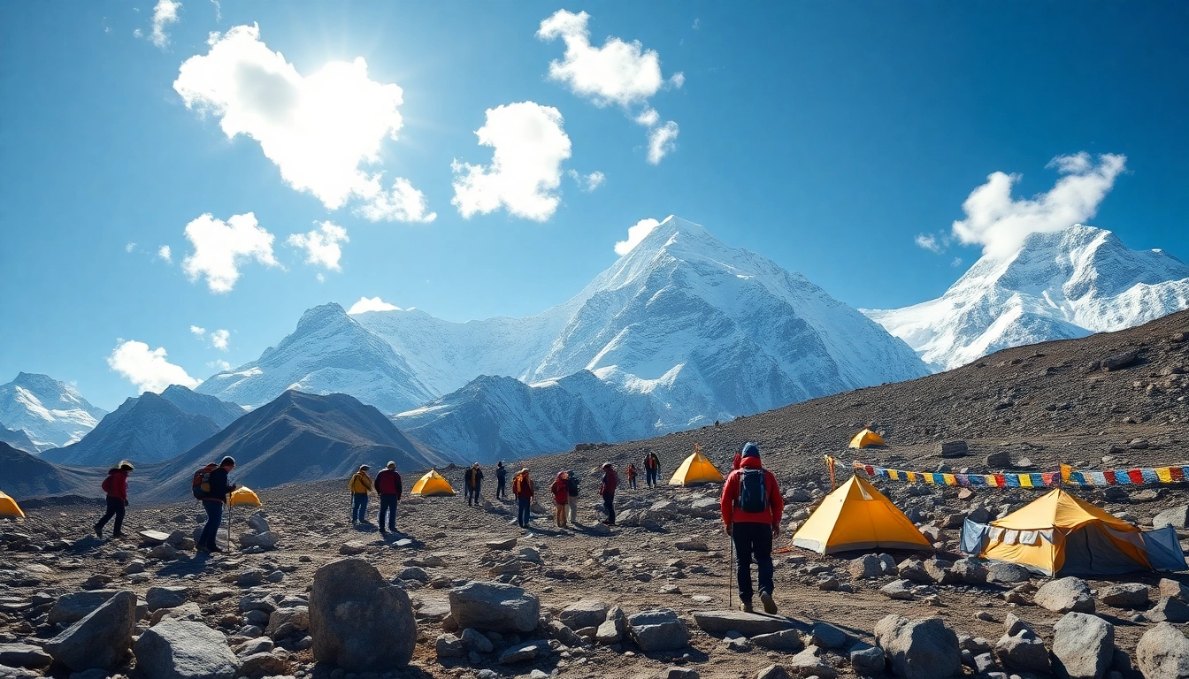 Trekkers at Everest base camp with stunning mountain backdrop and colorful prayer flags.