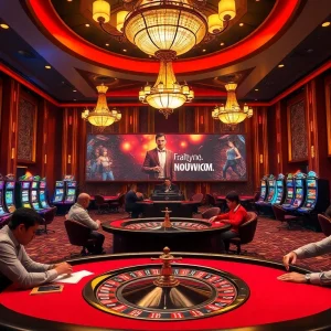 Engage in thrilling games at nohuvina.com with players gathered around a lavish casino poker table.
