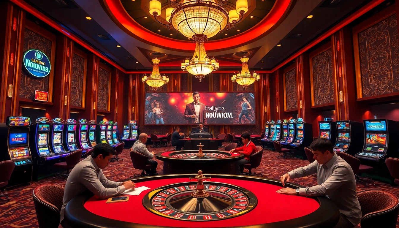 Engage in thrilling games at nohuvina.com with players gathered around a lavish casino poker table.