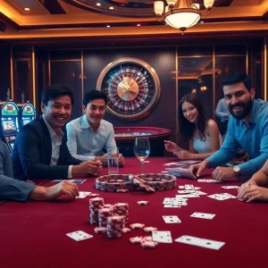 Immerse in a thrilling gambling experience at 6L777 COM with vibrant casino tables, players, and slot machines.