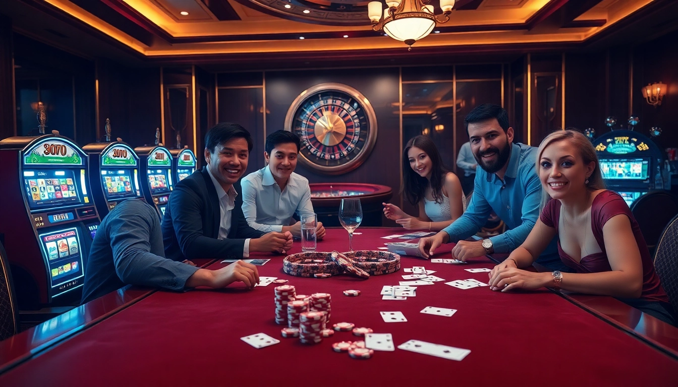 Immerse in a thrilling gambling experience at 6L777 COM with vibrant casino tables, players, and slot machines.