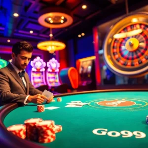 Go99 poker game featuring vibrant chips and elegant casino setting for thrilling bets.