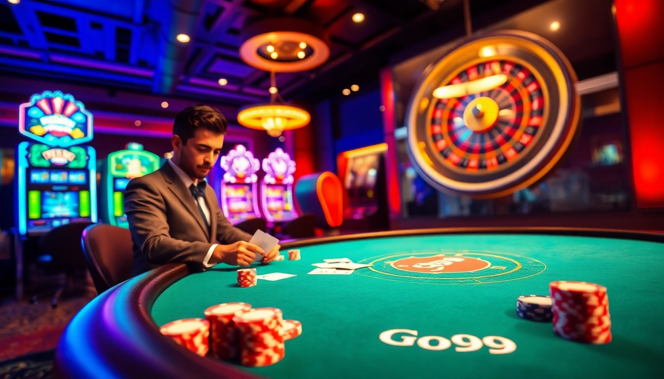 Go99 poker game featuring vibrant chips and elegant casino setting for thrilling bets.