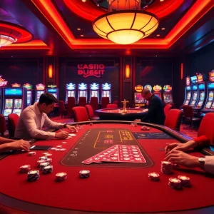 Dynamic online gambling scene featuring poker action at 888b with illuminated slot machines.