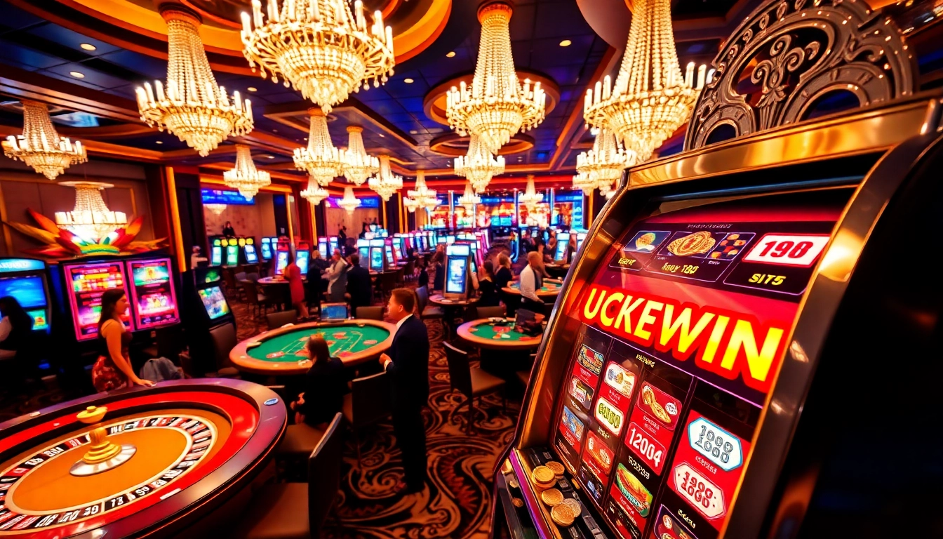 Engaging scene of Luckywin slot machine surrounded by chips and players in a luxurious casino.