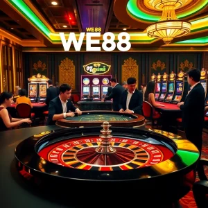 Experience excitement as players engage in games at WE88 online casino, showcasing vibrant roulette tables and slot machines.