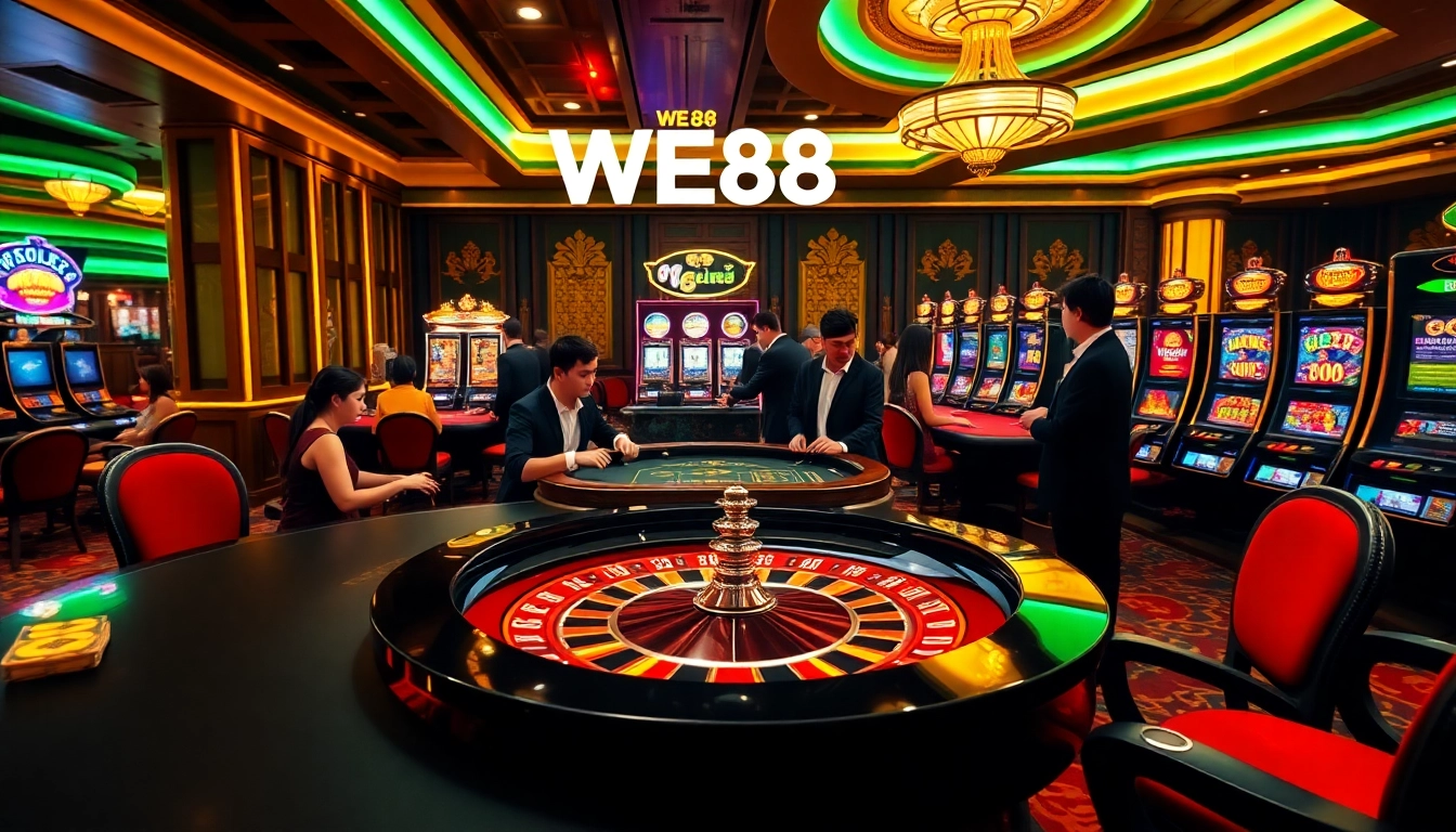Experience excitement as players engage in games at WE88 online casino, showcasing vibrant roulette tables and slot machines.