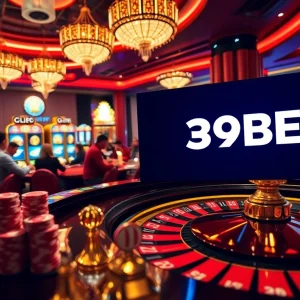 39BET enhances the excitement of online gambling with a lively casino scene featuring roulette and poker chips.