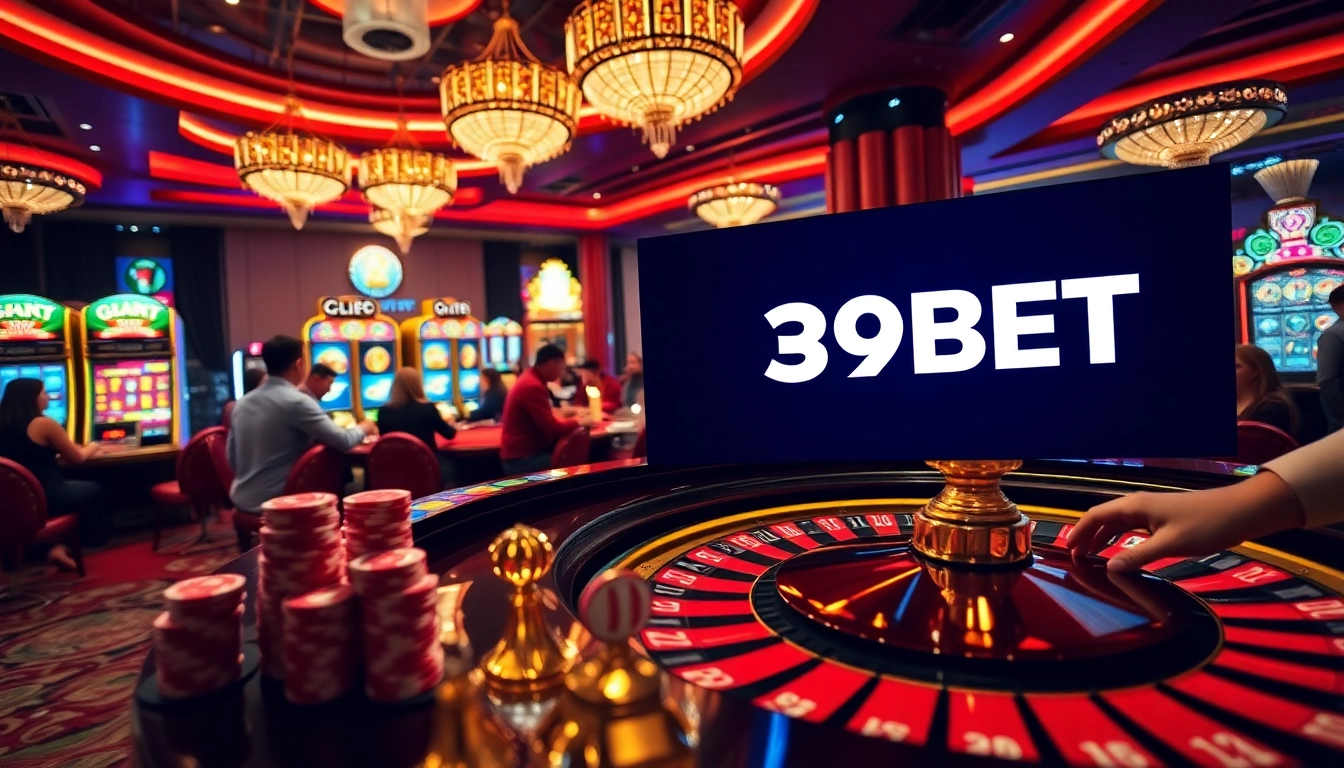 39BET enhances the excitement of online gambling with a lively casino scene featuring roulette and poker chips.