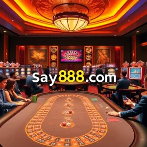 Experience the thrill of playing at say88 com with vibrant casino elements like poker tables and roulette wheels.