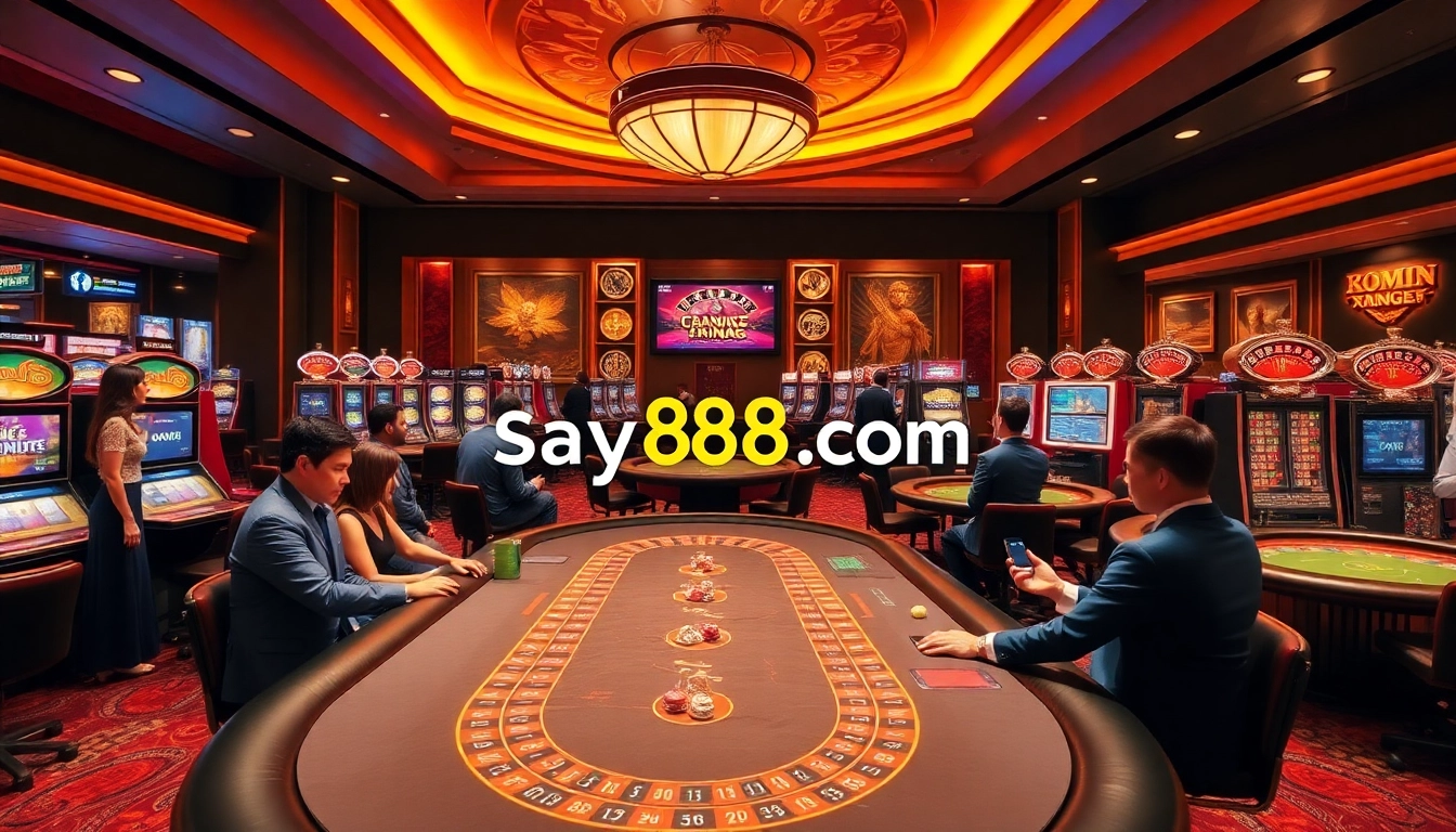 Experience the thrill of playing at say88 com with vibrant casino elements like poker tables and roulette wheels.