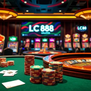 Immerse in the excitement at LC 88's luxurious casino scene with vibrant poker chips and roulette.