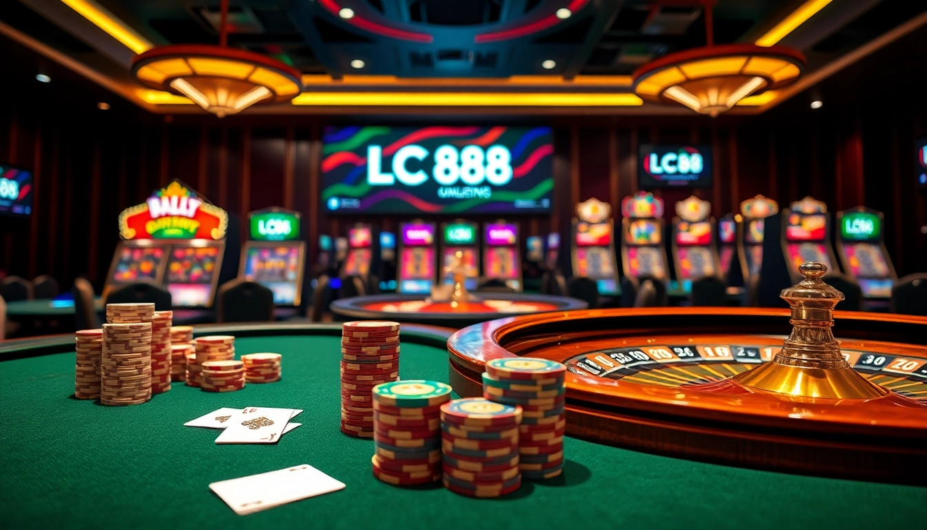 Immerse in the excitement at LC 88's luxurious casino scene with vibrant poker chips and roulette.