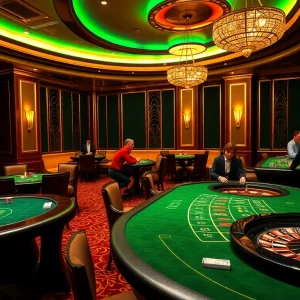 Cảnh chơi casino LUCK8 với các chip poker, bánh xe roulette và các trò chơi trên bàn trong một không gian sang trọng.