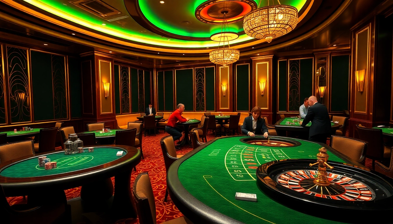 Cảnh chơi casino LUCK8 với các chip poker, bánh xe roulette và các trò chơi trên bàn trong một không gian sang trọng.